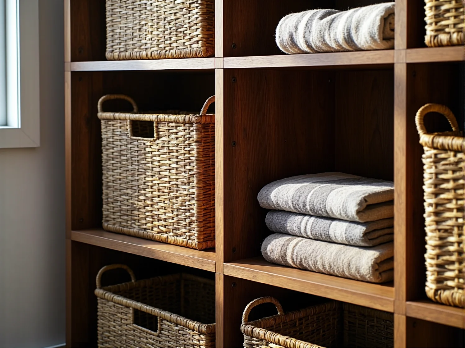 Pojemny regał narożny z szufladami i półkami do przechowywania rzeczy w małym pokoju.