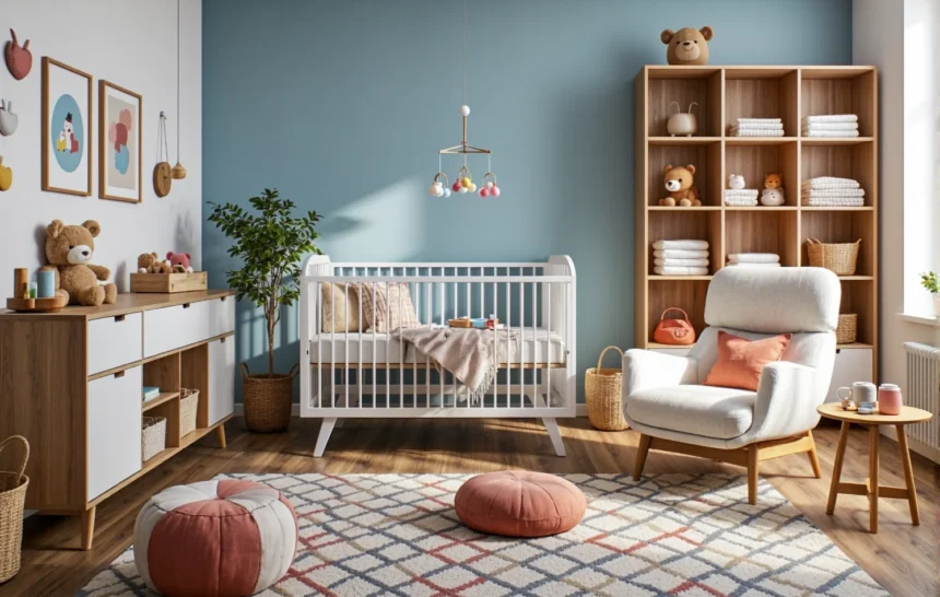 Białe łóżeczko niemowlęce ze szczebelkami w stylu skandynawskim