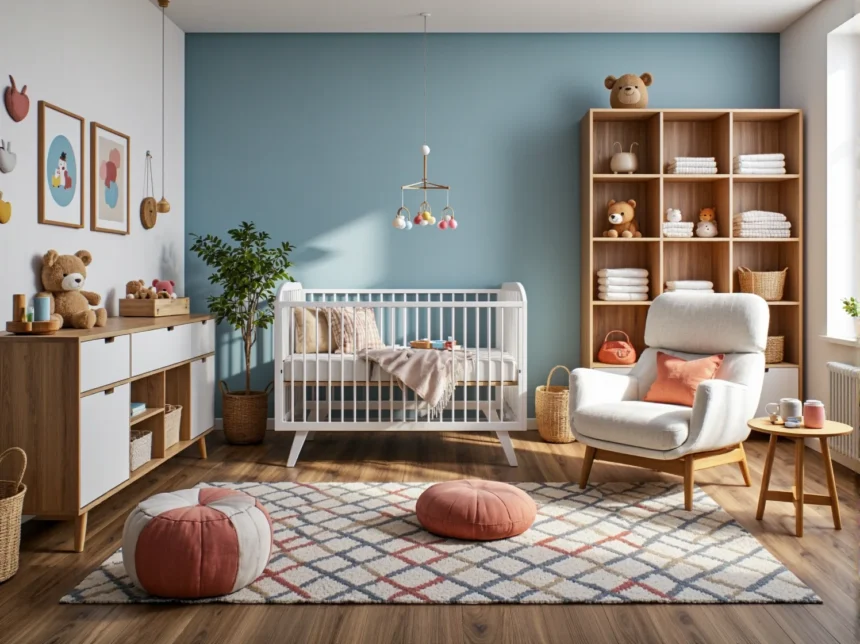 Białe łóżeczko niemowlęce ze szczebelkami w stylu skandynawskim Białe łóżeczko niemowlęce ze szczebelkami w stylu skandynawskim