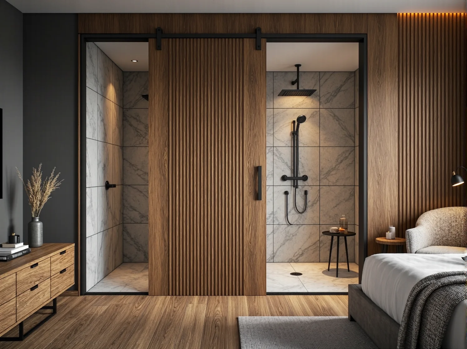 Projekt funkcjonalnej łazienki otwartej na sypialnię z oddzielonym prysznicem