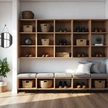 Regał modułowy dąb craft z ławką tapicerowaną do przedpokoju