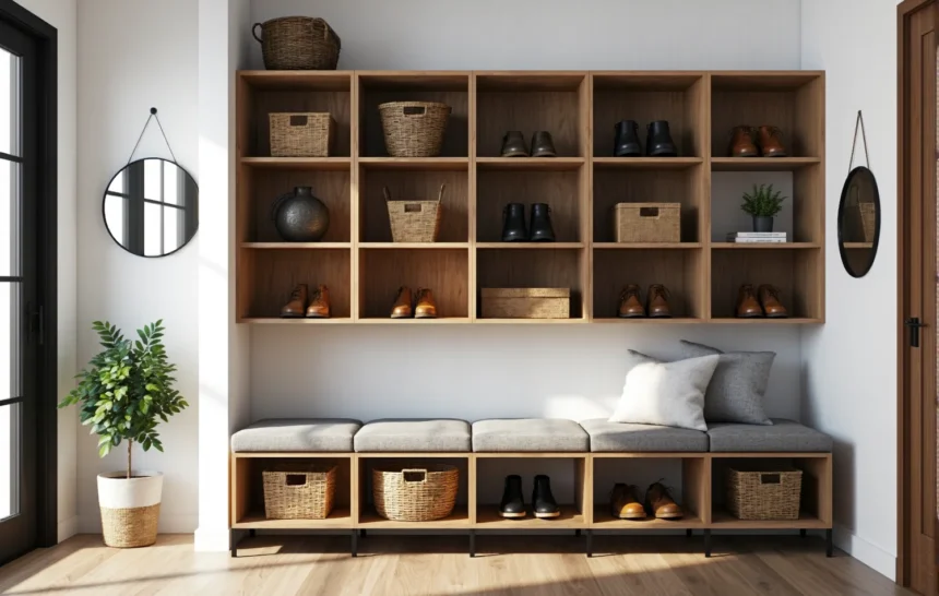 Regał modułowy dąb craft z ławką tapicerowaną do przedpokoju