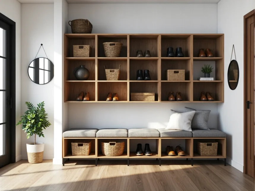 Regał modułowy dąb craft z ławką tapicerowaną do przedpokoju