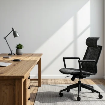 Ergonomiczne krzesło biurowe czarne z wysokim oparciem i zagłówkiem