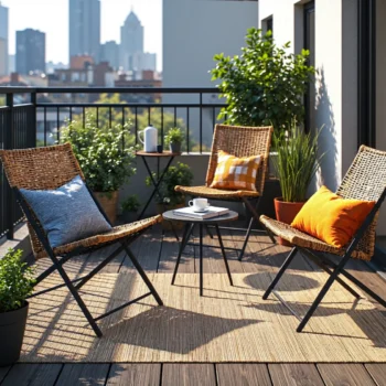 Składane krzesła balkonowe rattanowe na metalowym stelażu