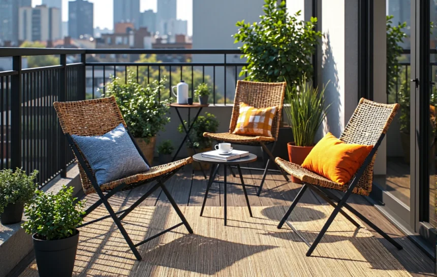 Składane krzesła balkonowe rattanowe na metalowym stelażu