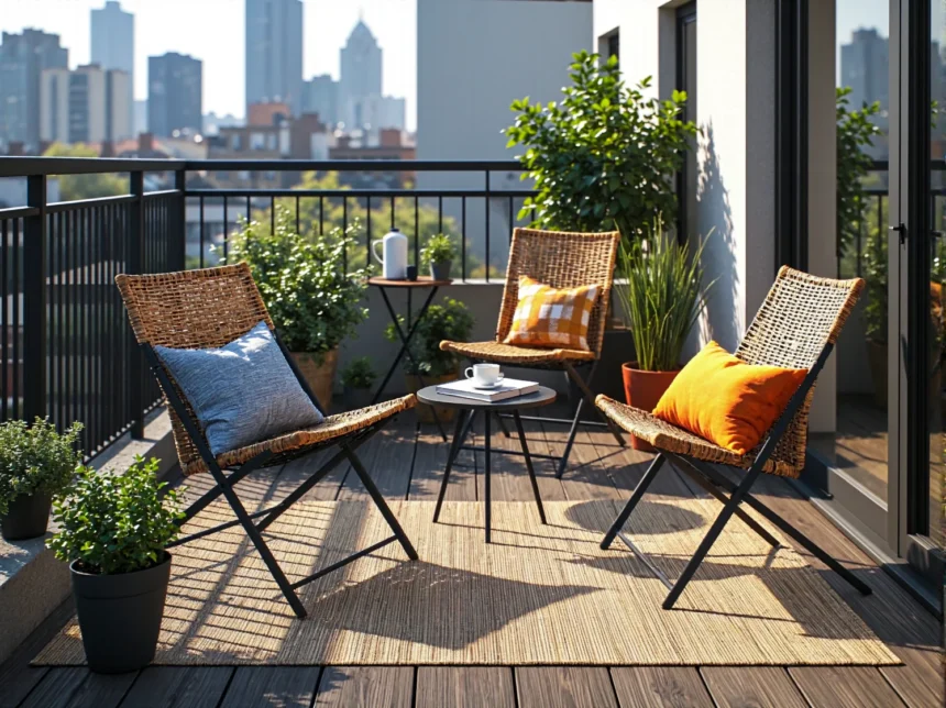 Składane krzesła balkonowe rattanowe na metalowym stelażu