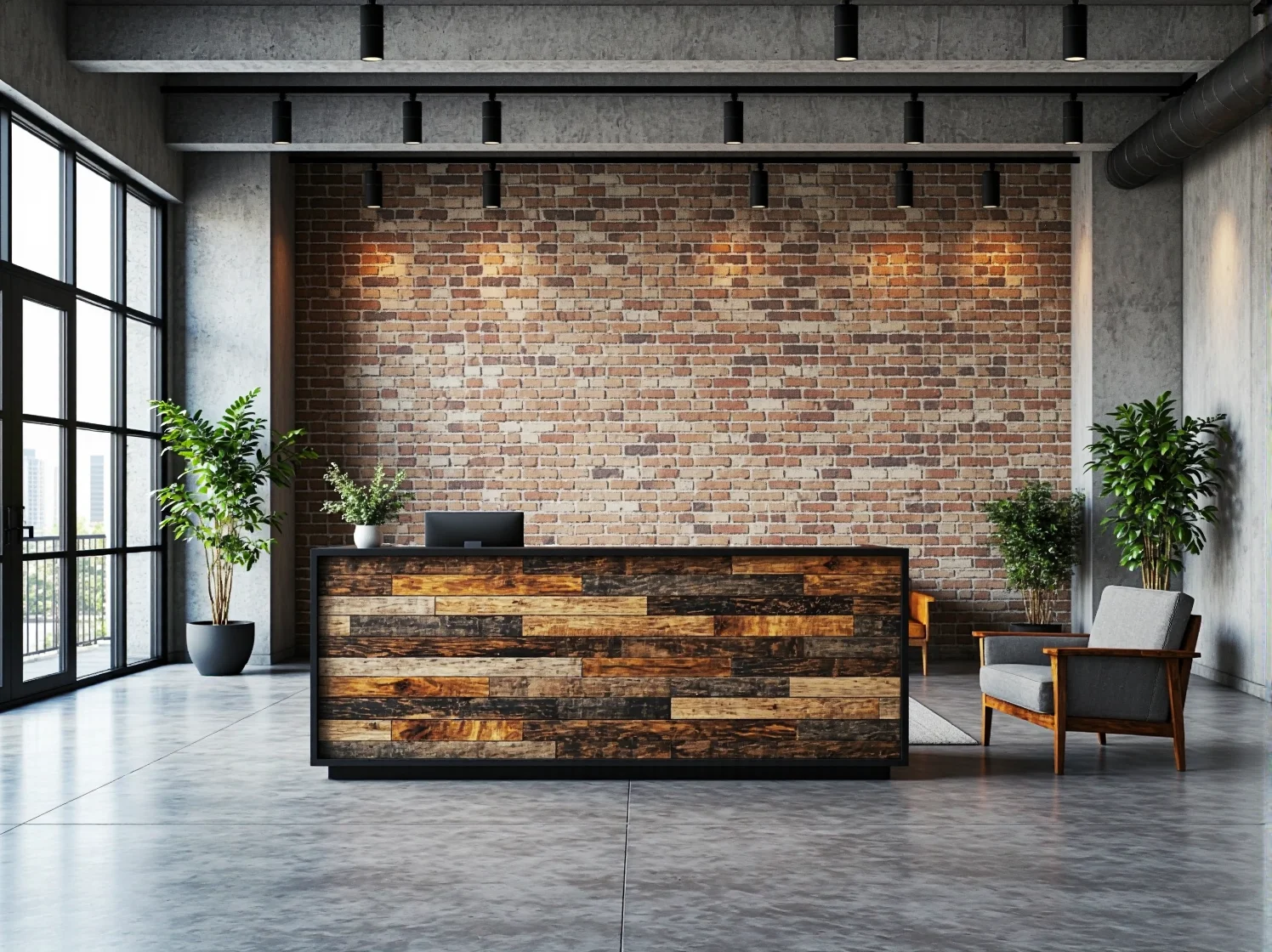 Industrialna lada recepcyjna z drewna mieszanego z czarną ramą