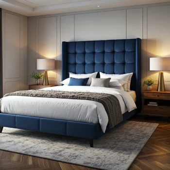 Łóżko kontynentalne granatowe z pikowanym wysokim zagłówkiem