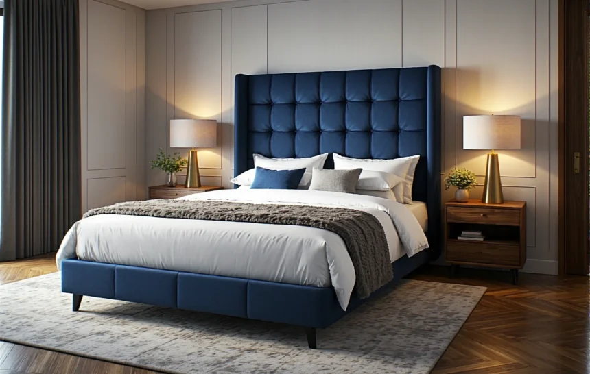 Łóżko kontynentalne granatowe z pikowanym wysokim zagłówkiem