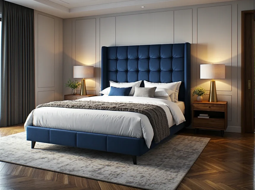 Łóżko kontynentalne granatowe z pikowanym wysokim zagłówkiem Łóżko kontynentalne granatowe z pikowanym wysokim zagłówkiem