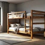 Rustykalne łóżko piętrowe drewniane z drabinką i barierkami