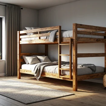 Rustykalne łóżko piętrowe drewniane z drabinką i barierkami