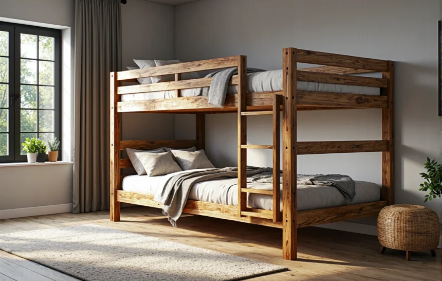 Rustykalne łóżko piętrowe drewniane z drabinką i barierkami