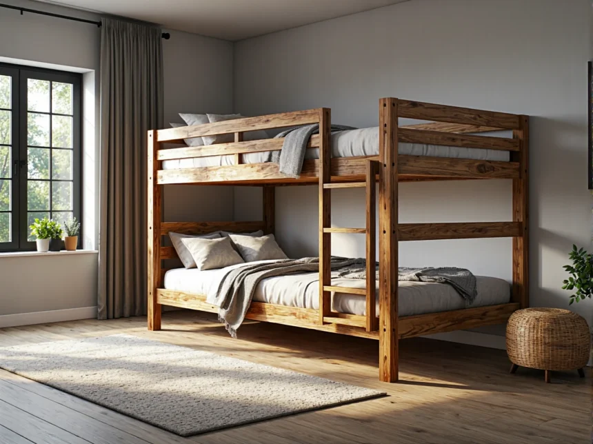 Rustykalne łóżko piętrowe drewniane z drabinką i barierkami