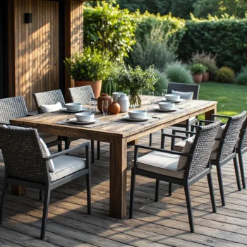 Zestaw ogrodowy drewniany stół z rattanowymi krzesłami grafitowymi