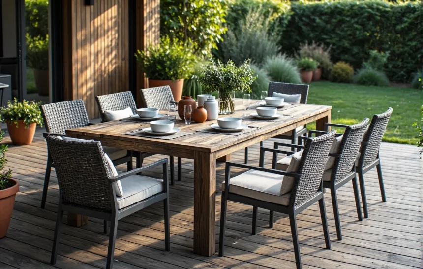 Zestaw ogrodowy drewniany stół z rattanowymi krzesłami grafitowymi