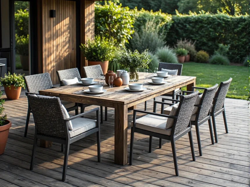 Zestaw ogrodowy drewniany stół z rattanowymi krzesłami grafitowymi