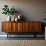 Komoda vintage orzech z przesuwnymi drzwiami na drewnianych nóżkach