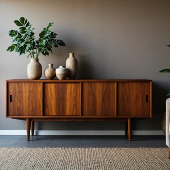 Komoda vintage orzech z przesuwnymi drzwiami na drewnianych nóżkach