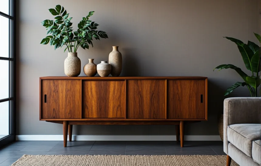 Komoda vintage orzech z przesuwnymi drzwiami na drewnianych nóżkach