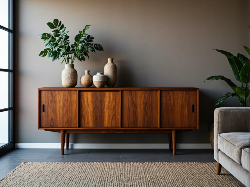 Komoda vintage orzech z przesuwnymi drzwiami na drewnianych nóżkach Komoda vintage orzech z przesuwnymi drzwiami na drewnianych nóżkach