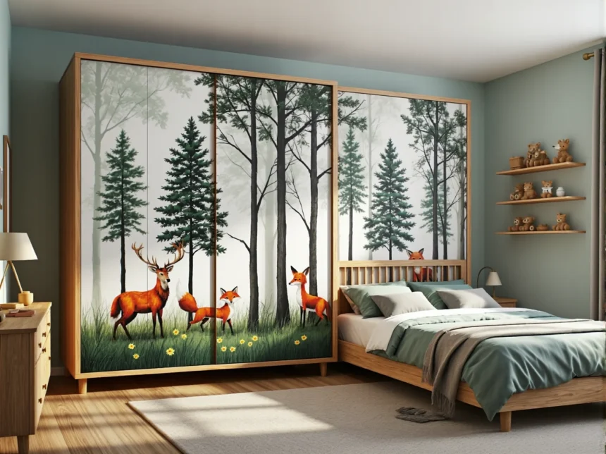 Szafa przesuwna dziecięca dąb z motywem leśnym i zwierzętami Szafa przesuwna dziecięca dąb z motywem leśnym i zwierzętami