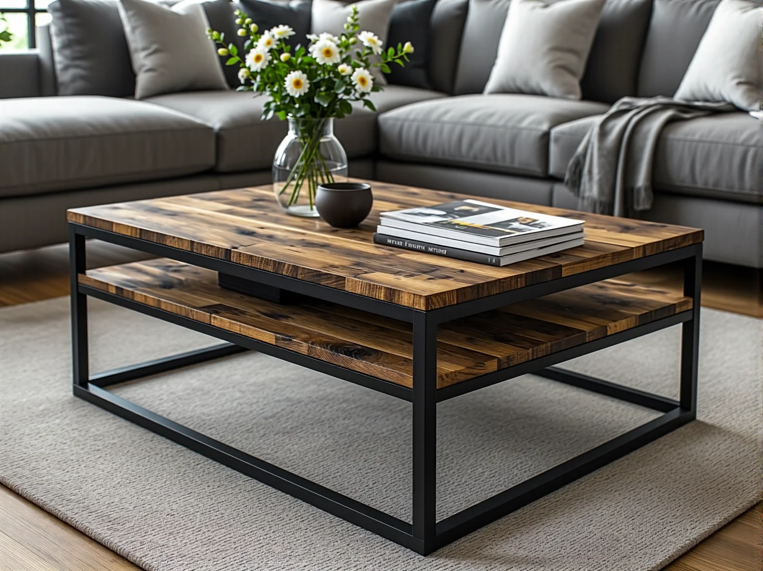 Regał na książki z drewna z odzysku i rośliny doniczkowe