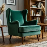 Fotel uszak szmaragdowy welurowy na drewnianych nogach