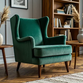 Fotel uszak szmaragdowy welurowy na drewnianych nogach