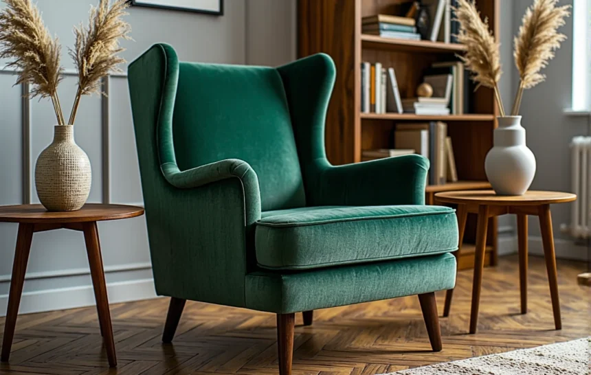 Fotel uszak szmaragdowy welurowy na drewnianych nogach