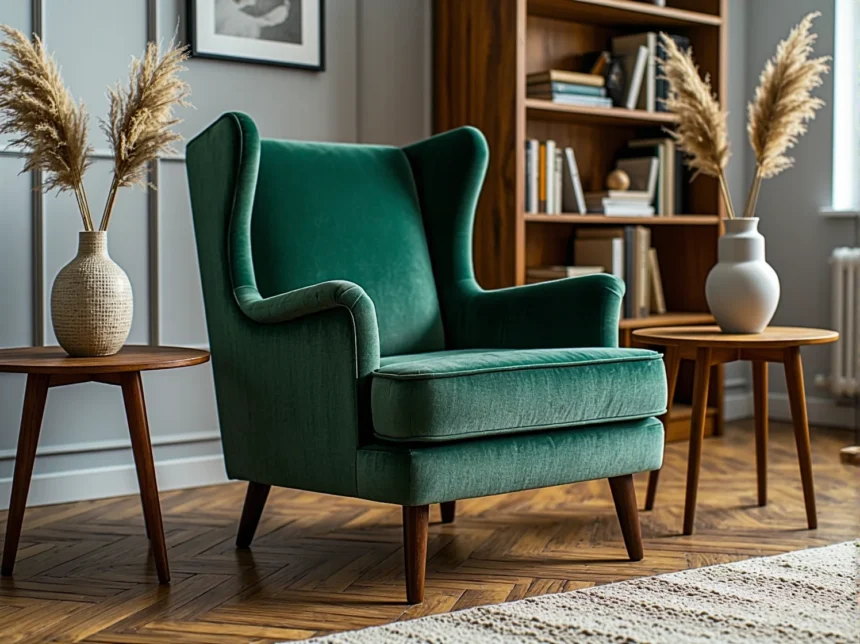 Fotel uszak szmaragdowy welurowy na drewnianych nogach