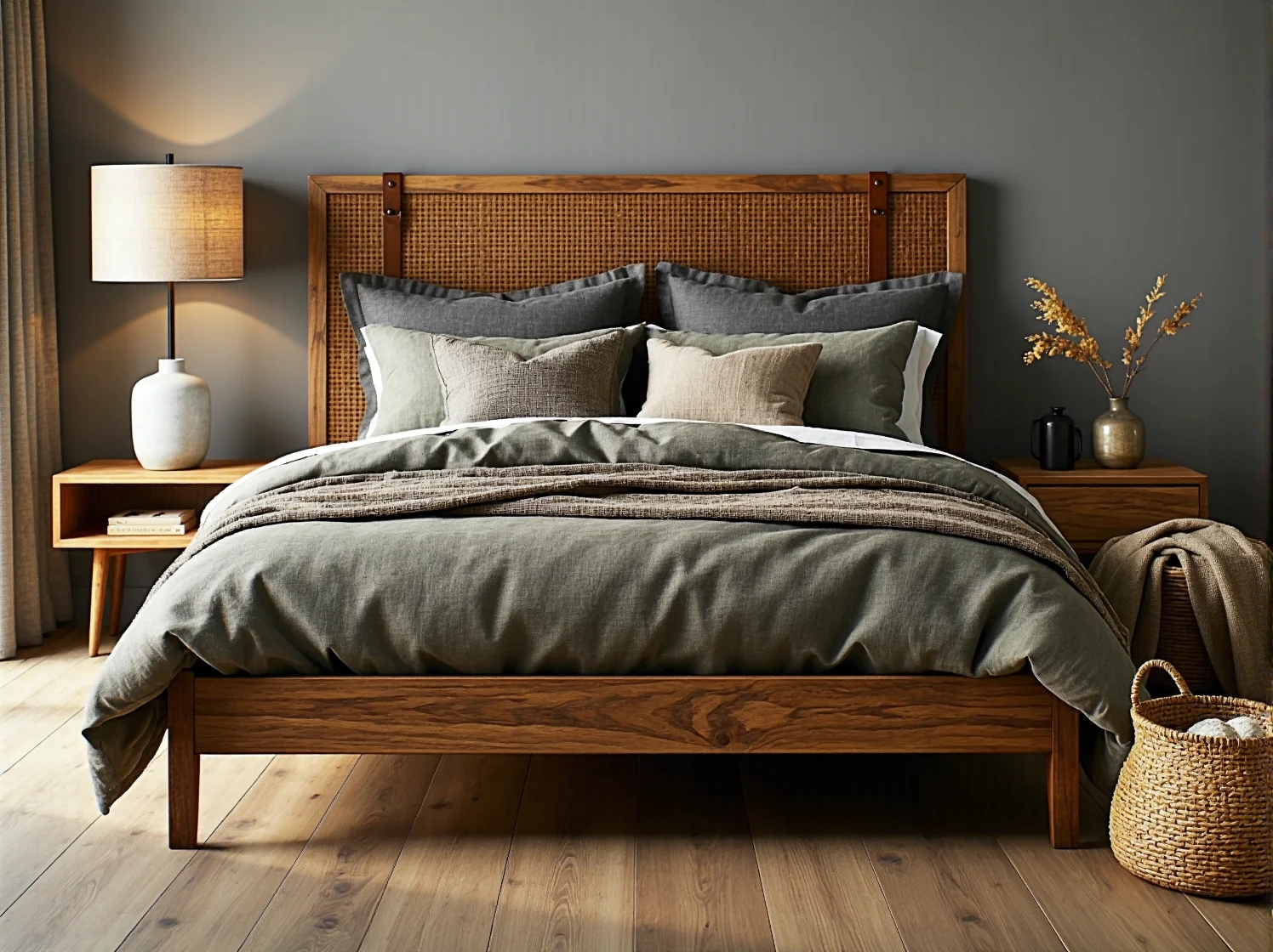 Detale w stylu modern boho: makrama i ceramiczne wazony na drewnianej komodzie