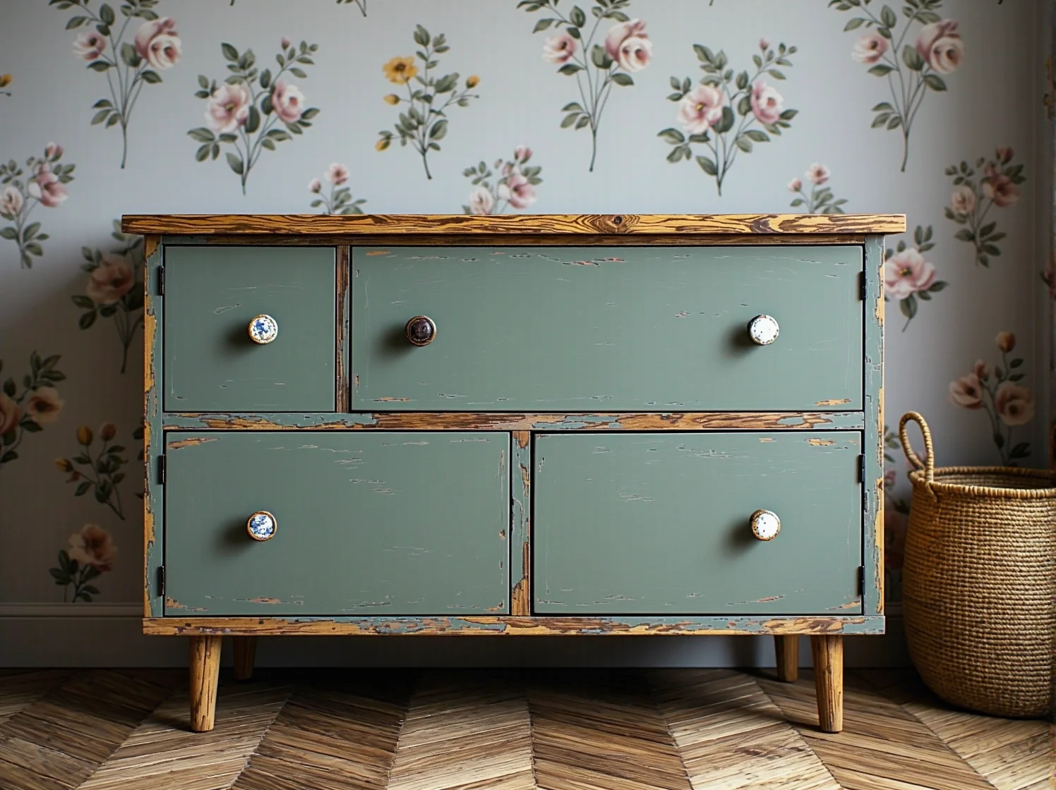 Rustykalna komoda z litego drewna z metalowymi uchwytami