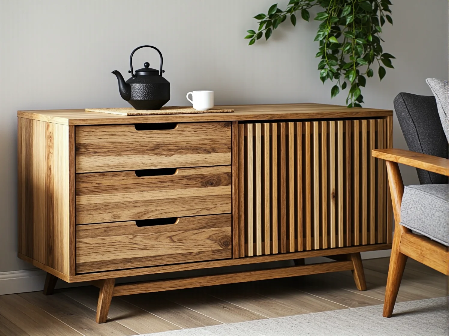 Ryflowane fronty komody japandi i proste uchwyty jako detale renowacji