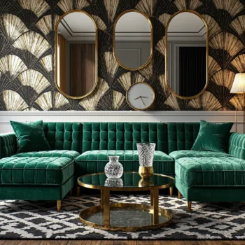 Welurowy narożnik butelkowa zieleń z pikowanym siedziskiem w stylu art deco