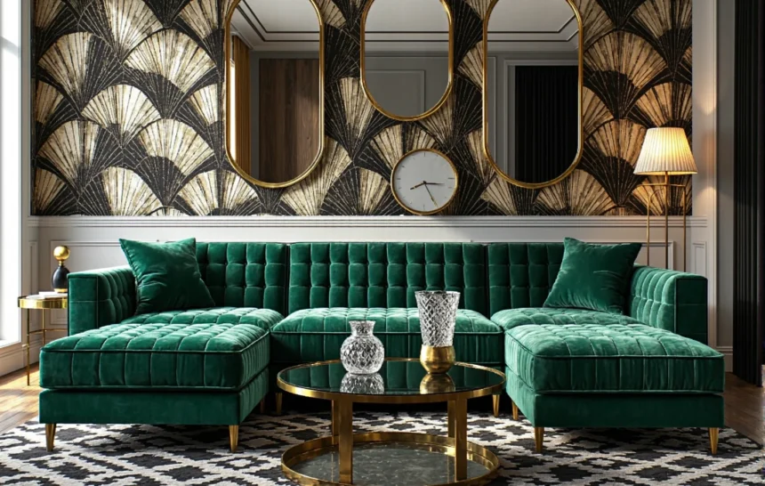 Welurowy narożnik butelkowa zieleń z pikowanym siedziskiem w stylu art deco