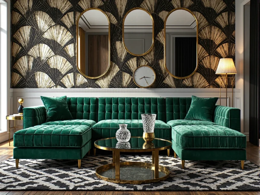 Welurowy narożnik butelkowa zieleń z pikowanym siedziskiem w stylu art deco Welurowy narożnik butelkowa zieleń z pikowanym siedziskiem w stylu art deco