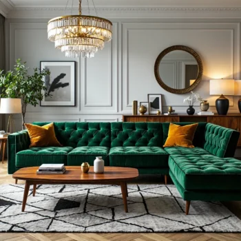 Narożnik welurowy butelkowa zieleń z pikowanym siedziskiem