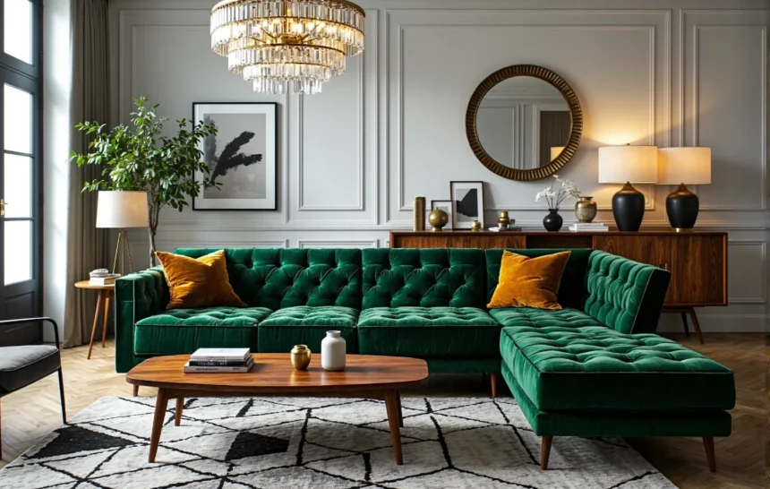 Narożnik welurowy butelkowa zieleń z pikowanym siedziskiem