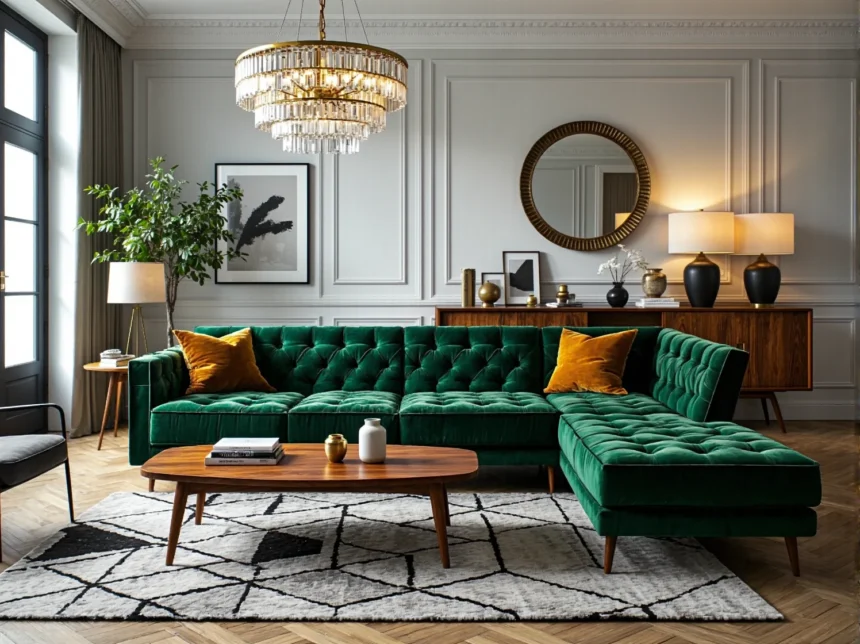 Narożnik welurowy butelkowa zieleń z pikowanym siedziskiem Narożnik welurowy butelkowa zieleń z pikowanym siedziskiem