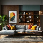 Narożnik szary tapicerowany na drewnianych nogach w stylu retro