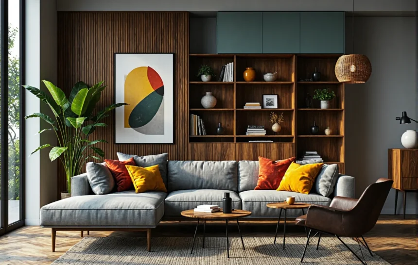 Narożnik szary tapicerowany na drewnianych nogach w stylu retro