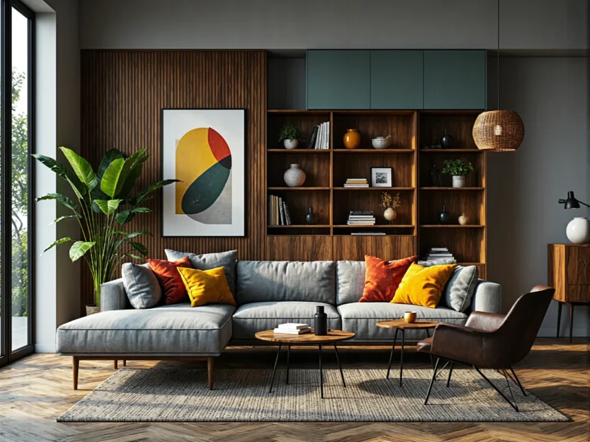 Narożnik szary tapicerowany na drewnianych nogach w stylu retro Narożnik szary tapicerowany na drewnianych nogach w stylu retro