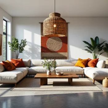 Narożna sofa kremowa na drewnianych nogach z poduszkami dekoracyjnymi