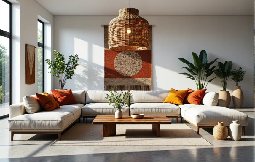 Narożna sofa kremowa na drewnianych nogach z poduszkami dekoracyjnymi