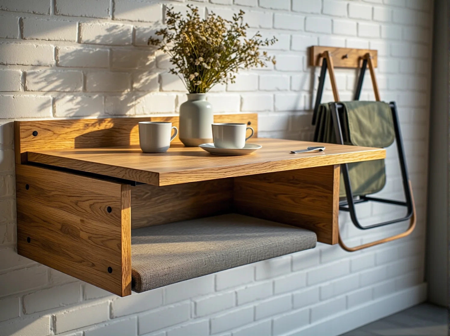 Składany stół przyścienny w małym mieszkaniu, oszczędność miejsca w jadalni.