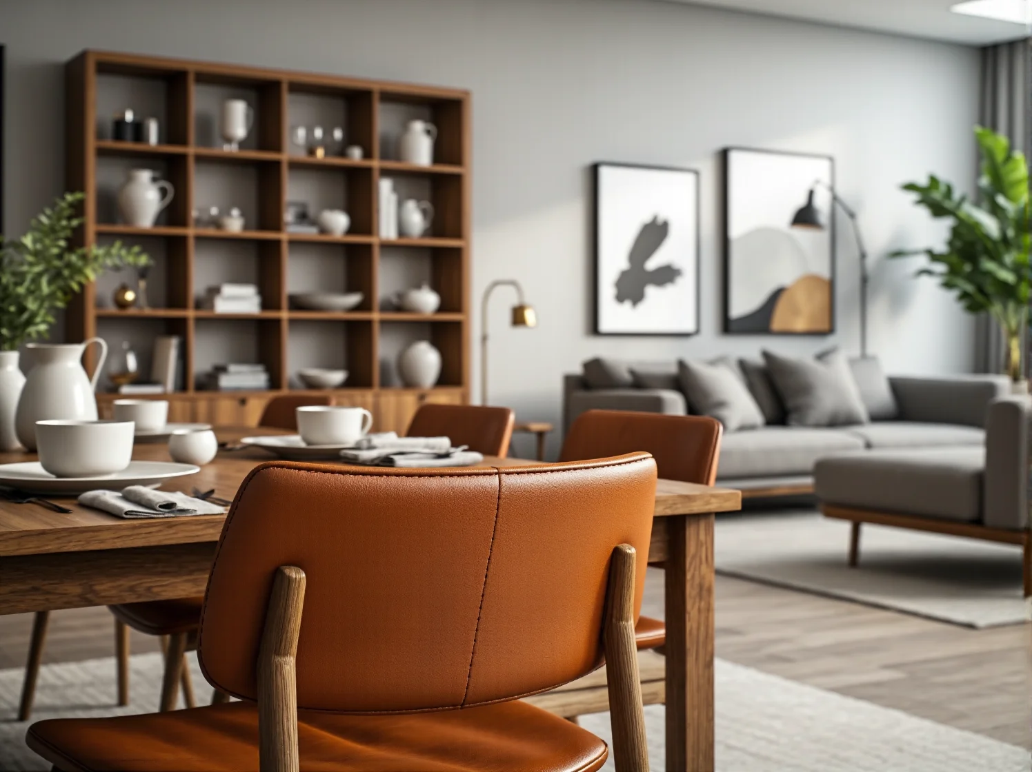 Spójna aranżacja wnętrza open space z ekskluzywnym stołem i wypoczynkiem