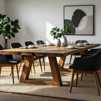 Duży stół jadalniany z litego drewna dębowego z charakterystycznym rysunkiem słojów