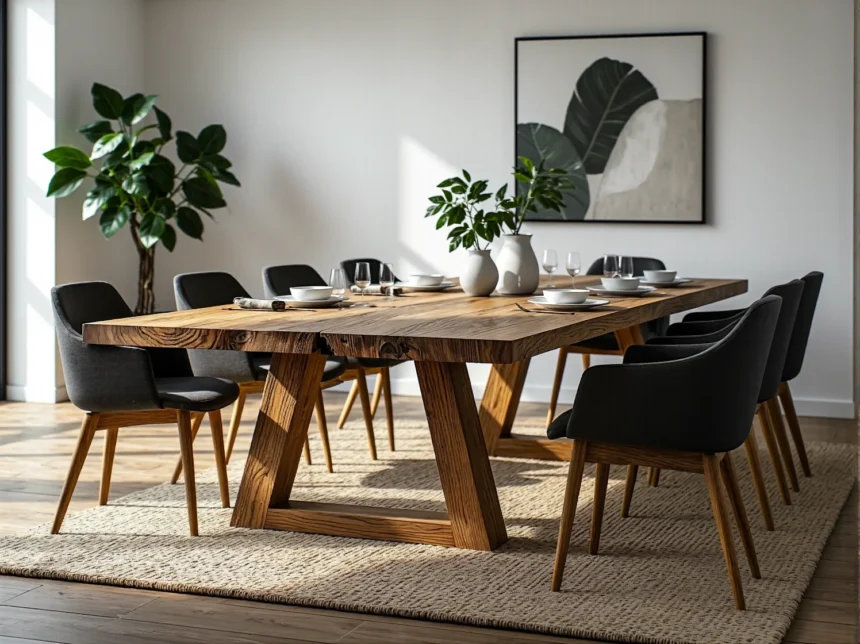 Duży stół jadalniany z litego drewna dębowego z charakterystycznym rysunkiem słojów